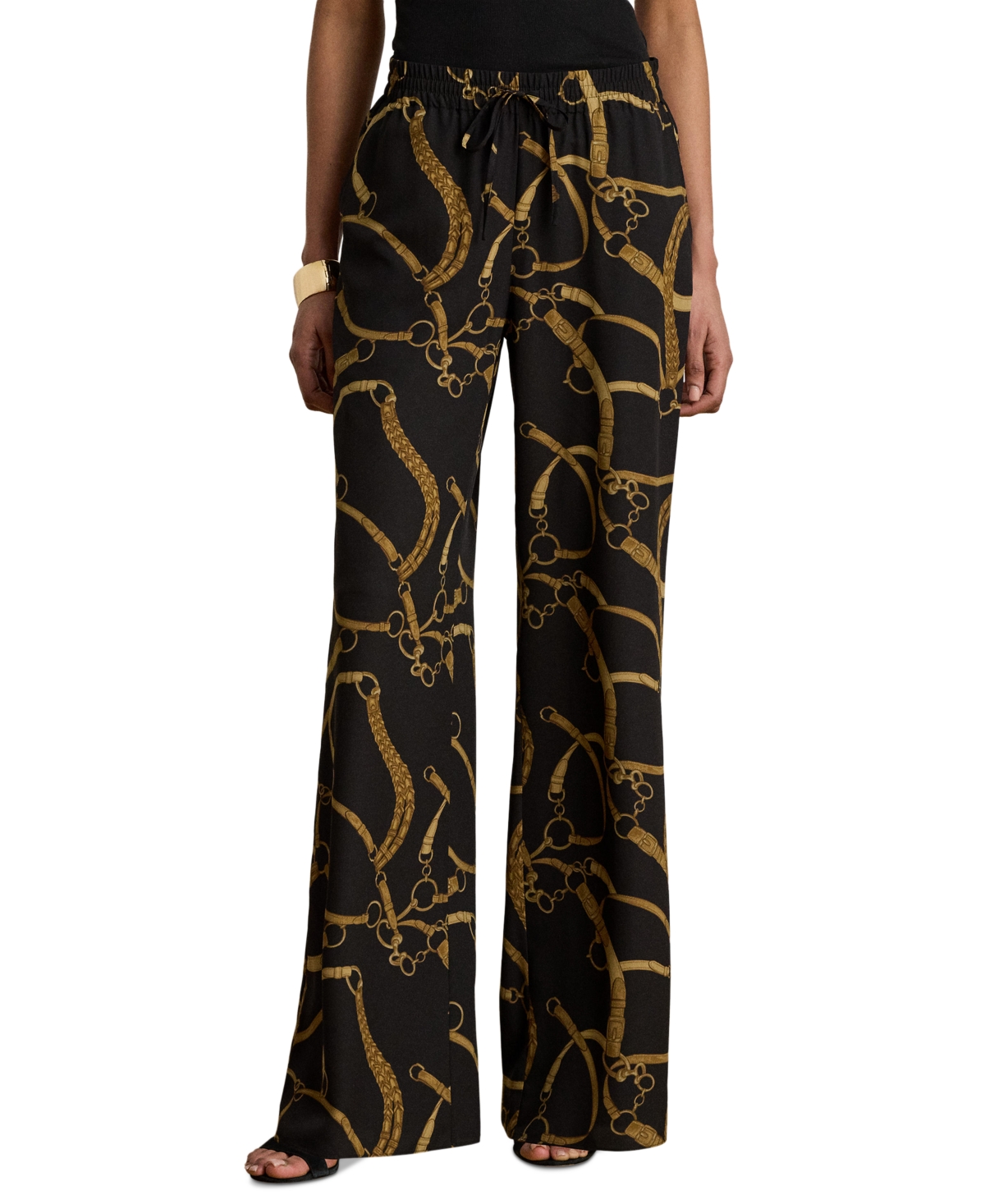Ralph Lauren Women's Belting-print Wide-leg Pants In Black,tan