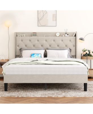 Upholstered Platform Bed Frame with Type C and USB Ports, Wingback and Button Tufted Headboard, Wood Slats Support, No Box Spring Needed