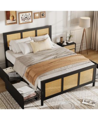 Modern Boho Rattan Bed Frame with 7-Color LED Headboard, King Platform, Cane Footboard, 4 Storage Drawers, Metal Slats