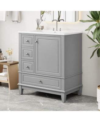 30" Freestanding Vanity With Ceramic Sink, Solid Wood and MDF Cabinet, Soft-Close Door 3 Drawers Door Organizer