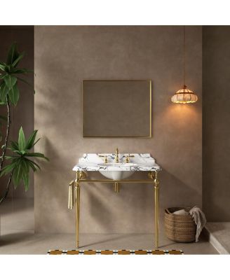 36 Inch Bathroom Console Sink with Engineered Marble Top, Ceramic Basin, Stainless Steel Frame, Retro Style, Towel Bar