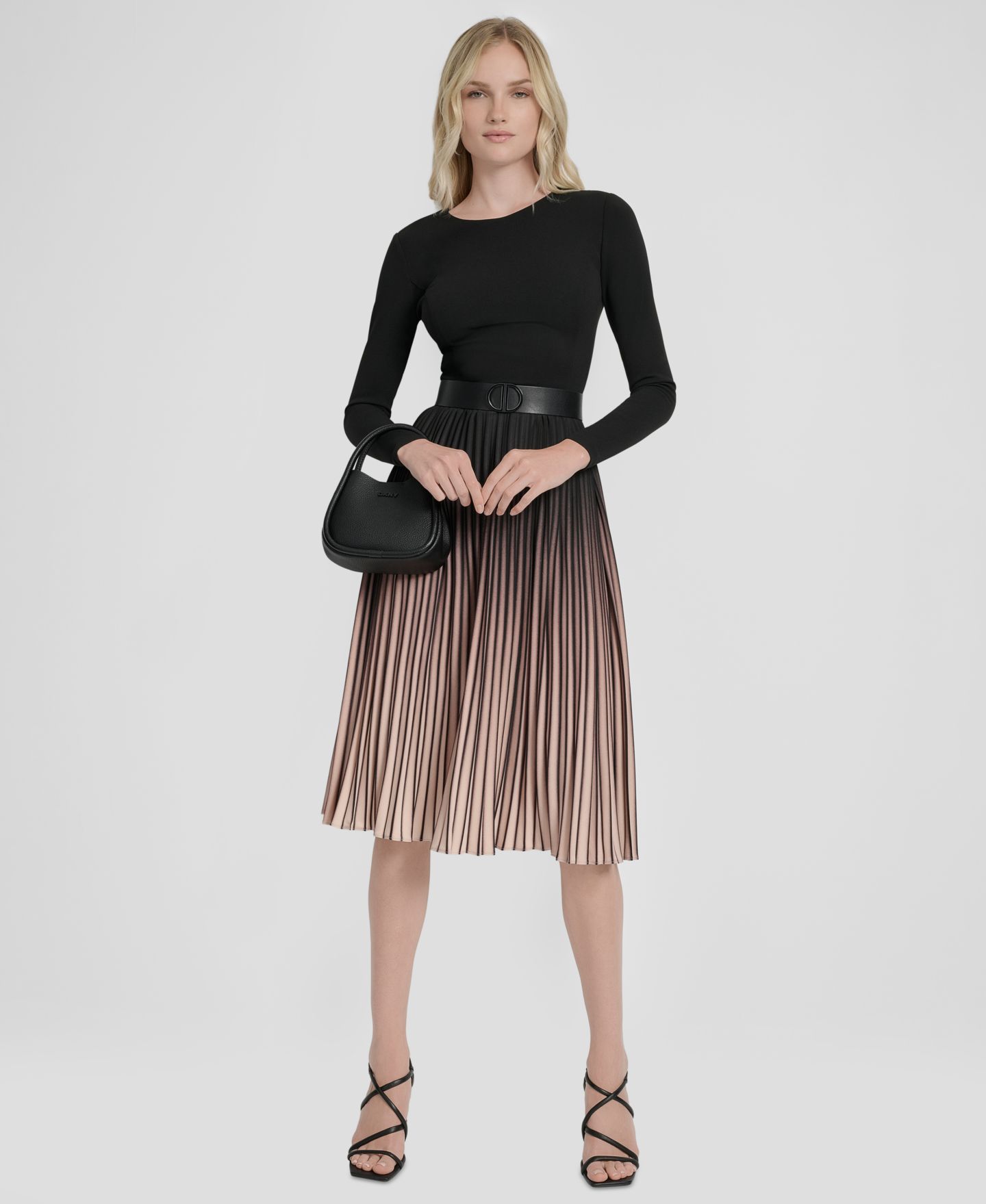 Женское платье DKNY Pleated Jewel Neck Belted Midi, цвет: Чёрный / Бежевый — фото 2