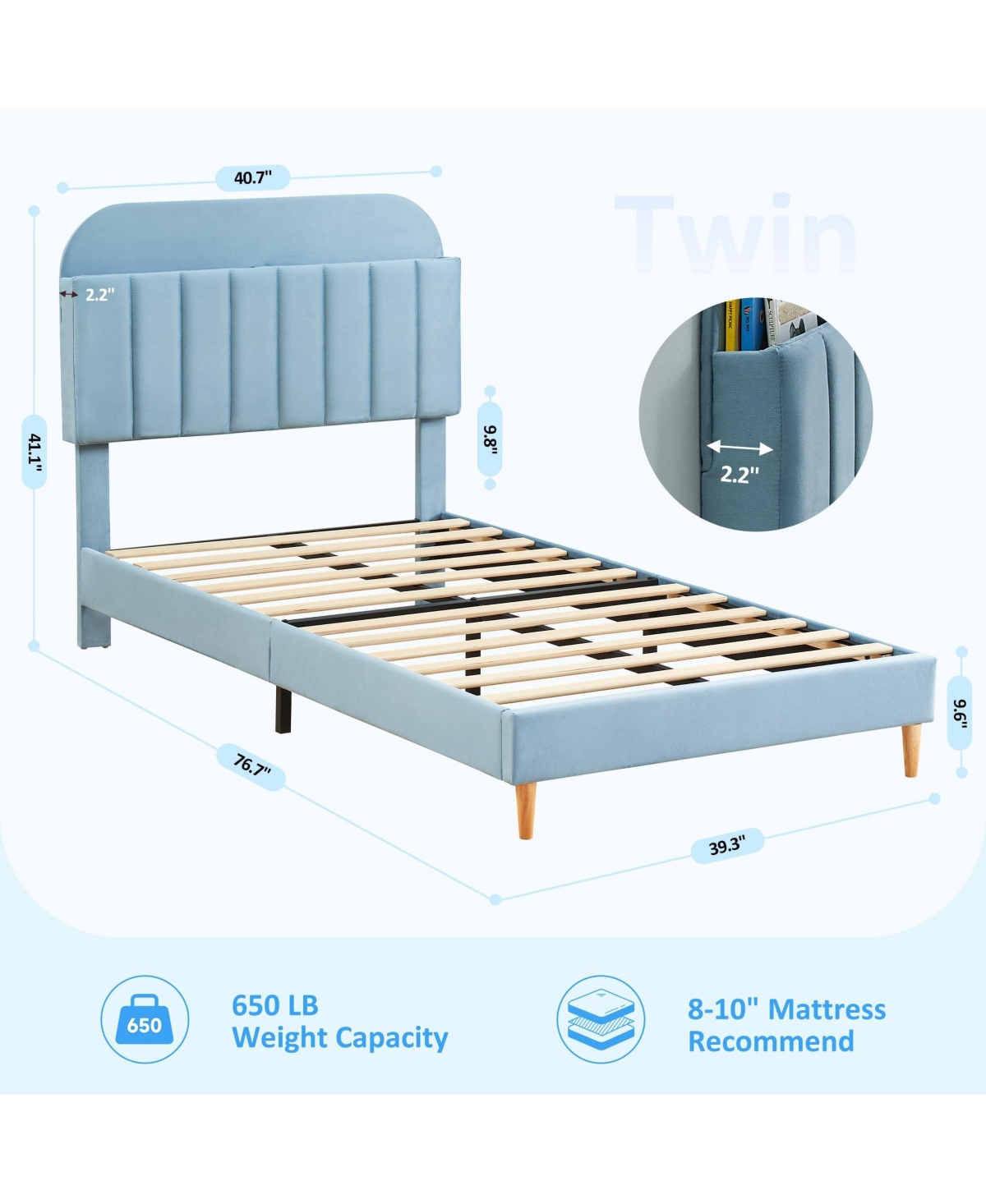 homfan 2 Piece Twin Size Suede Upholstered Platform Beds, Bookcase Headboard, Steel Support Frame, Noise Free, Easy Assembly, Practical Storage Design