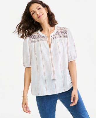 Women's Striped Smocked Elbow-Sleeve Cotton-Linen Blend Top