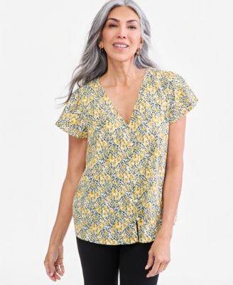 Women's Flutter Blouse Floral-Print Short Flutter Sleeves