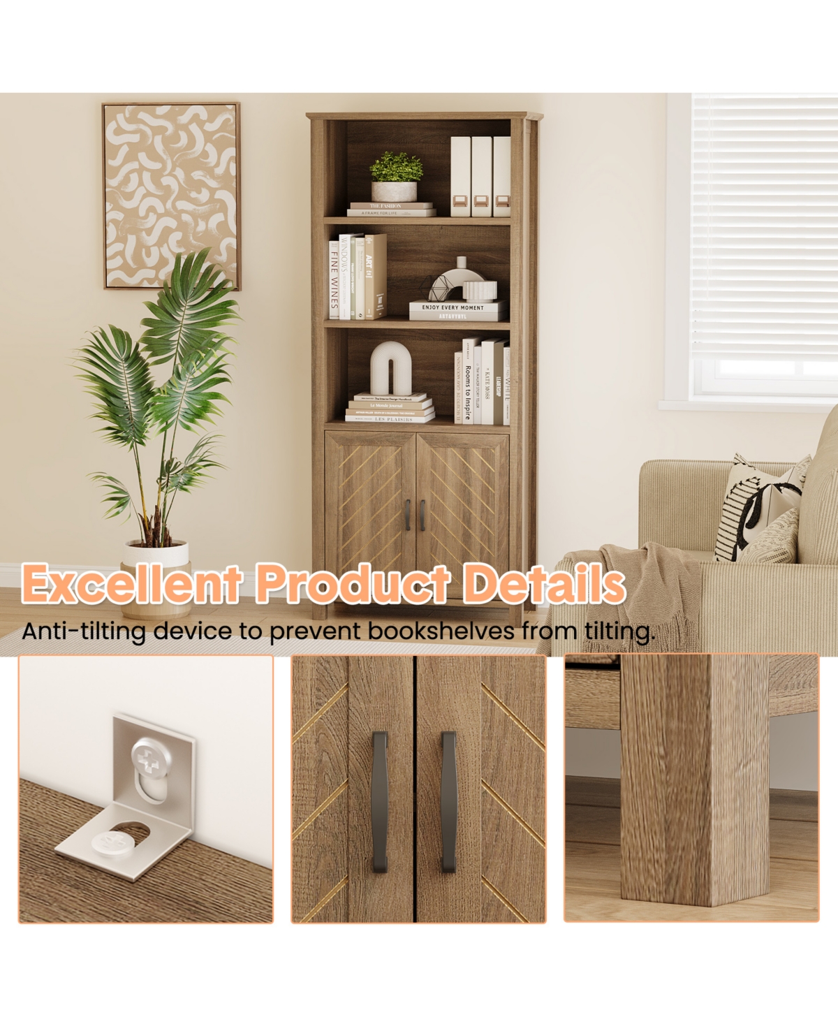 homfan 5-Tier Double-Door Storage Cabinet, Thickened Board Adjustable Shelf Organizer, Anti-Toppling Easy-Assembly Home Display Cabinet