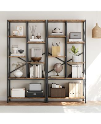 Industrial 5-Tier Bookshelf - Rustic Wood and Metal Bookcase with Spacious Open Shelves, Farmhouse Standing Storage Rack for Living Room, Bedroom