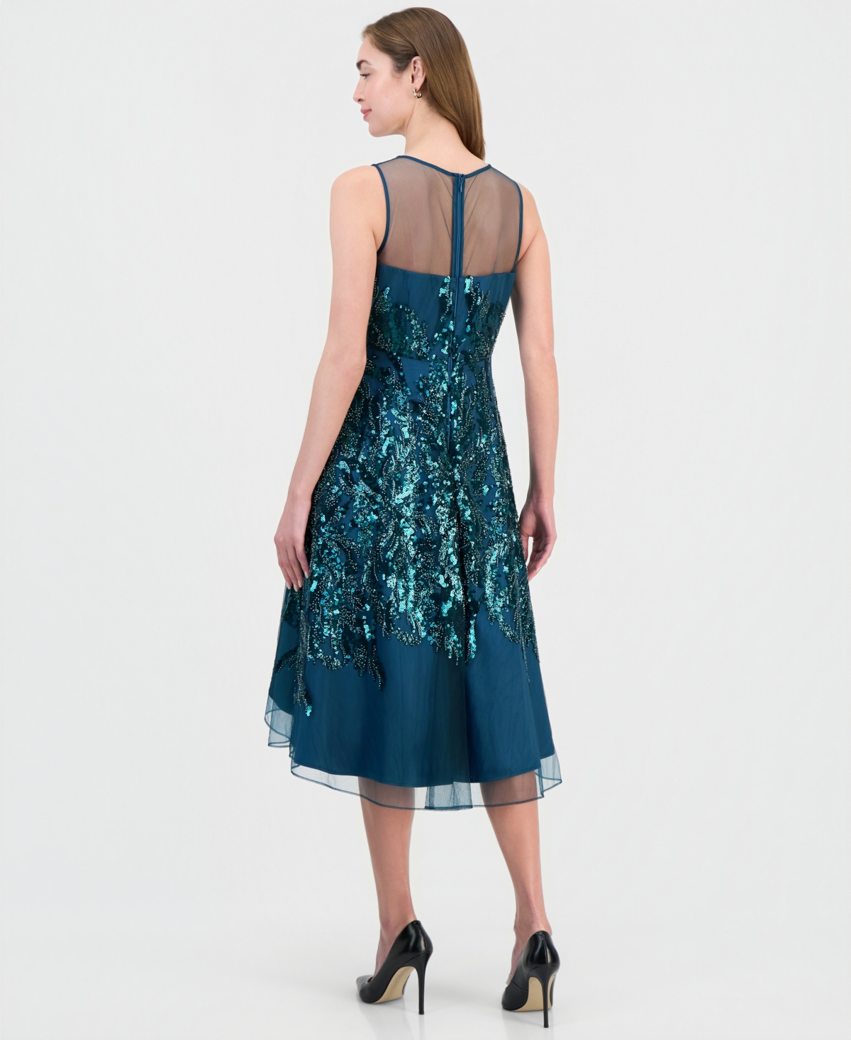 Tahari Asl Women's Illusion and Sequin Midi Boat-Neck Sleeveless Dress