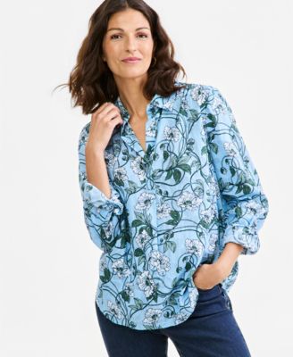Women's Jacquard Popover Floral V-Neck Long-Sleeve Blouse