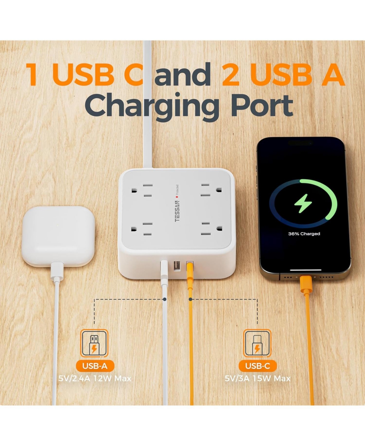 Tessan Surge Protector Power Strip, 5 Feet t Flat Plug Extension Cord with 3 Usb (1 Usb C) 8 Outlets, 1250W, 900J Protection, 3 Sided Outlet Extender
