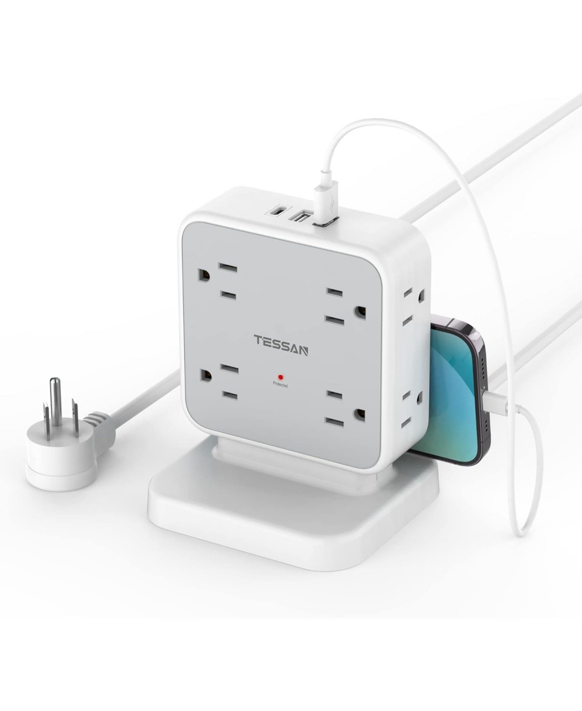 Tessan Power Strip Tower Surge Protector, 8 Ac Outlets with 3 Usb (1 Usb C Port), 5 Feet Flat Plug Extension Cord with 900 Joules Protection