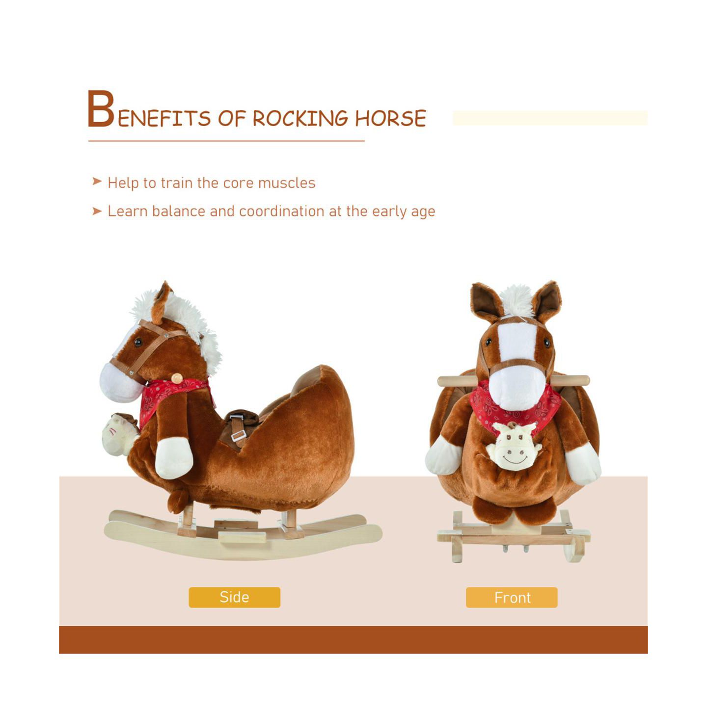 Детская мягкая игрушка YOBTOP Kids Ride-On Rocking Horse - Plush Rocker Toy with Lullaby Song, Hand Puppets, Soft Fabric for Children 18-36 Months — фото 4