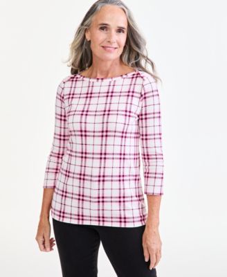 Petite Dani Plaid 3/4-Sleeve Boatneck Pima Cotton T-Shirt