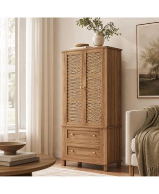 Rattan Food Storage Cabinet with Shelves, Freestanding Pantry Cabinet for Kitchen Dining Room Living Room
