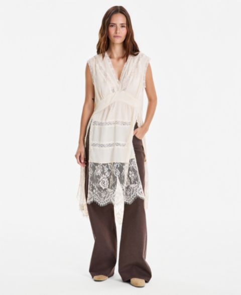 Женский топ And Now This V-Neck Sleeveless Lace-Trim Tunic, цвет: Palomino
