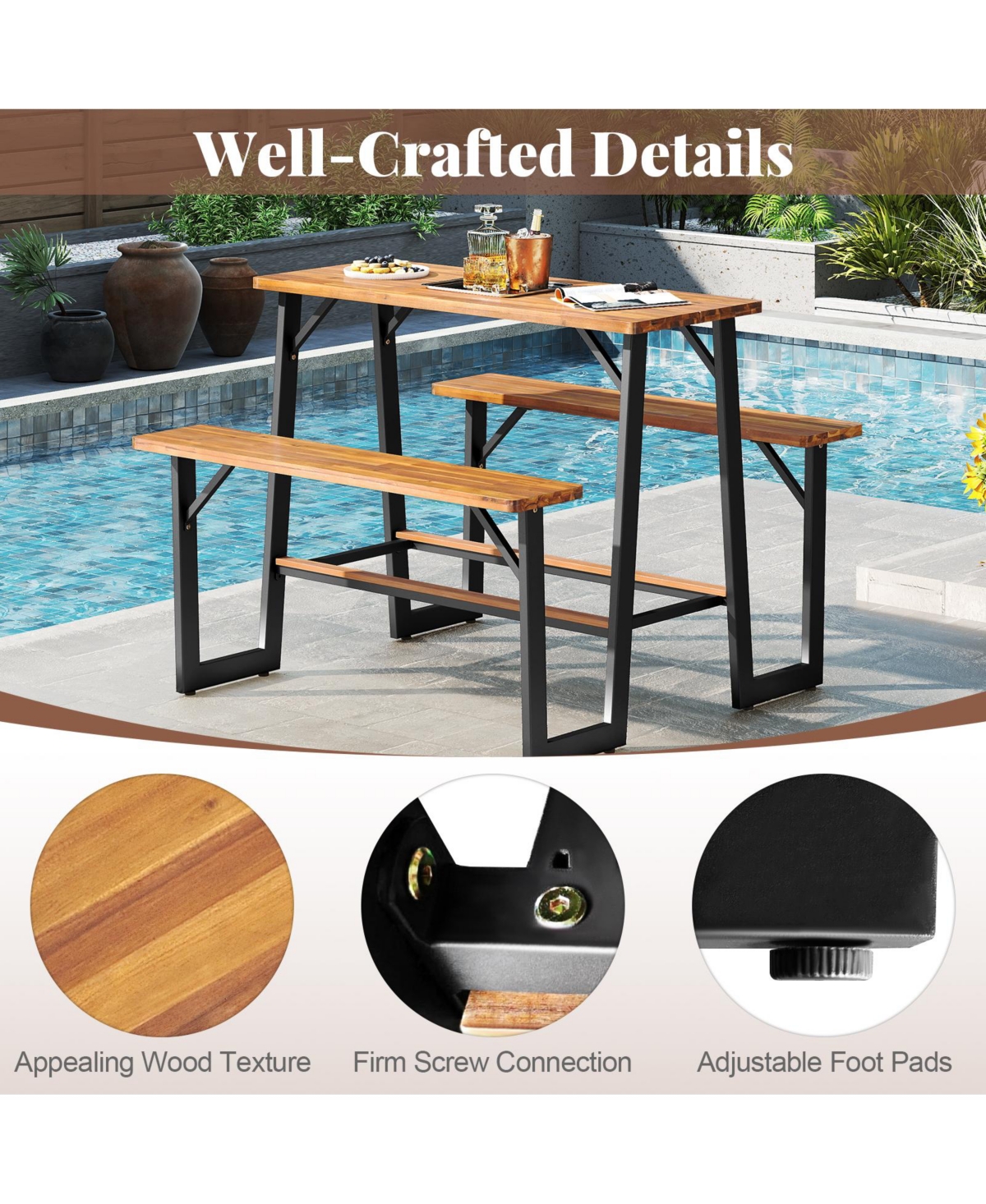 Sugift Patio Picnic Table Bench Set with Acacia Wood Tabletop and Benchtop