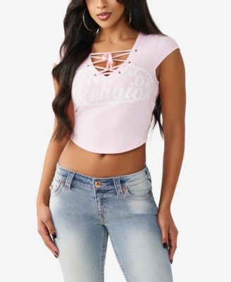 Women's Lace-Up Cap-Sleeve Rib Top
