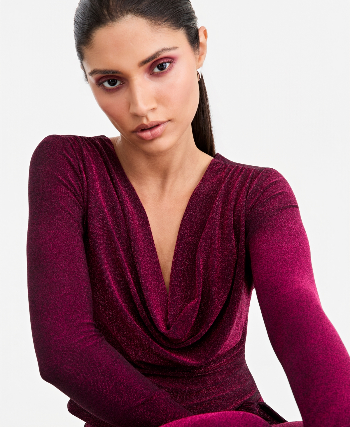 Lapointe X Macy's Women's Long-Sleeve Metallic-Knit Crop Cowl Neck Blouse, Exclusive