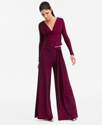 Women's Long-Sleeve Crop Cowl Neck Blouse & Wide Leg Pant