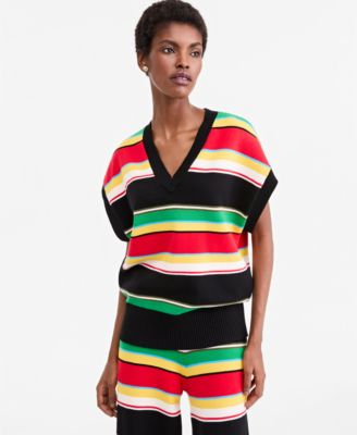 Women's Striped Sleeveless V-Neck Sweater