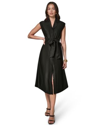 Women's Cap-Sleeve Collared with Self-Tie Belt Shirtdress 
