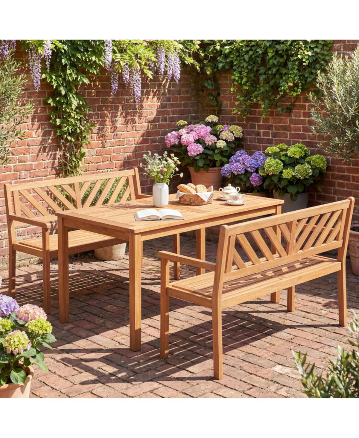 Gouun 2-Person Acacia Wood Patio Bench with Armrests and Backrest
