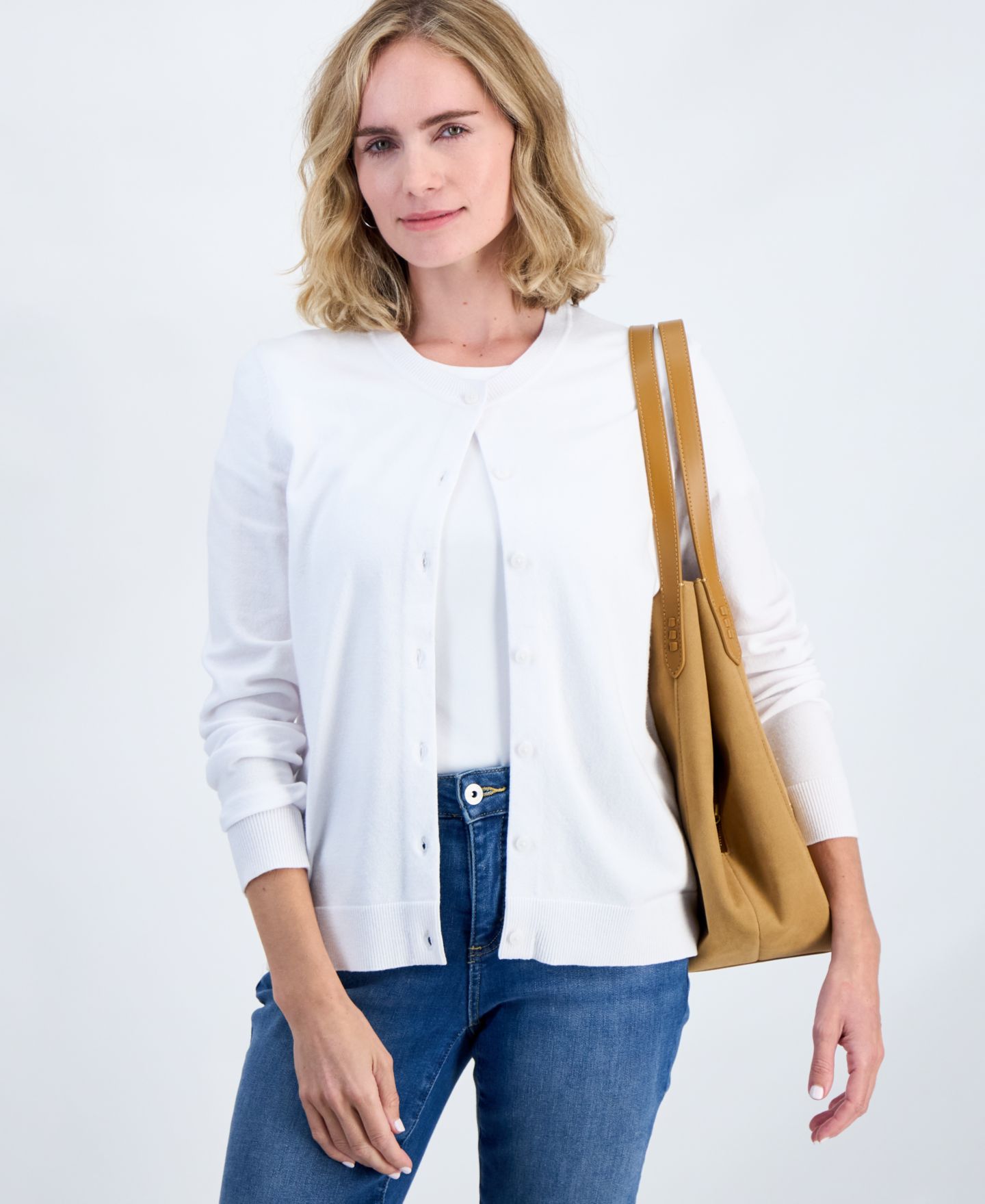 Женский кардиган Style & Co Petite Crewneck, цвет: Яркий белый — фото 1