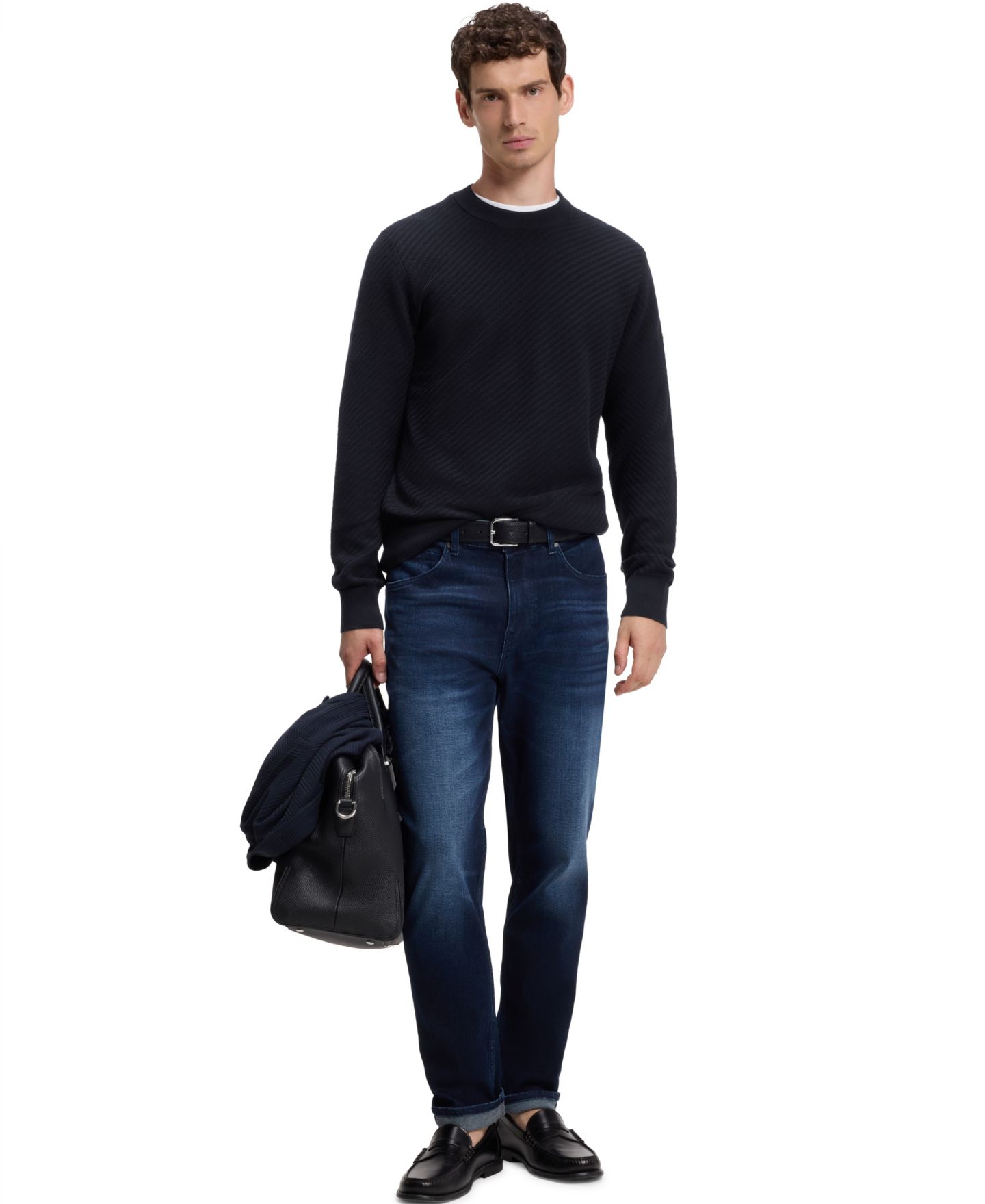 Мужской свитер Hugo Boss Cotton Diagonal-Knit Regular-Fit, цвет: Тёмный синий — фото 4
