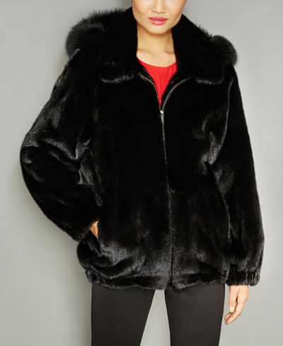 Fox-Fur-Trim Hooded Mink Fur Coat