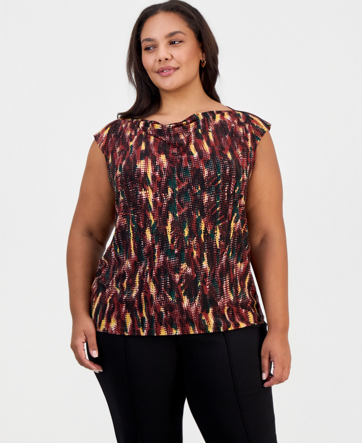 Kasper Plus Size Cowl Neck Cap Sleeve Draped Front Blouse In Sepia Spice Multi