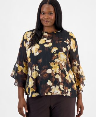 Plus Size Floral Ruffled-Sleeve Blouse