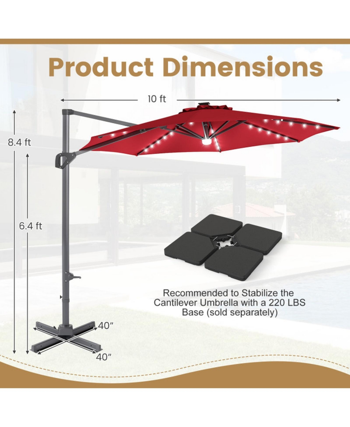 Gouun 10 Ft Cantilever Patio Umbrella with 28 Solar Led Lights