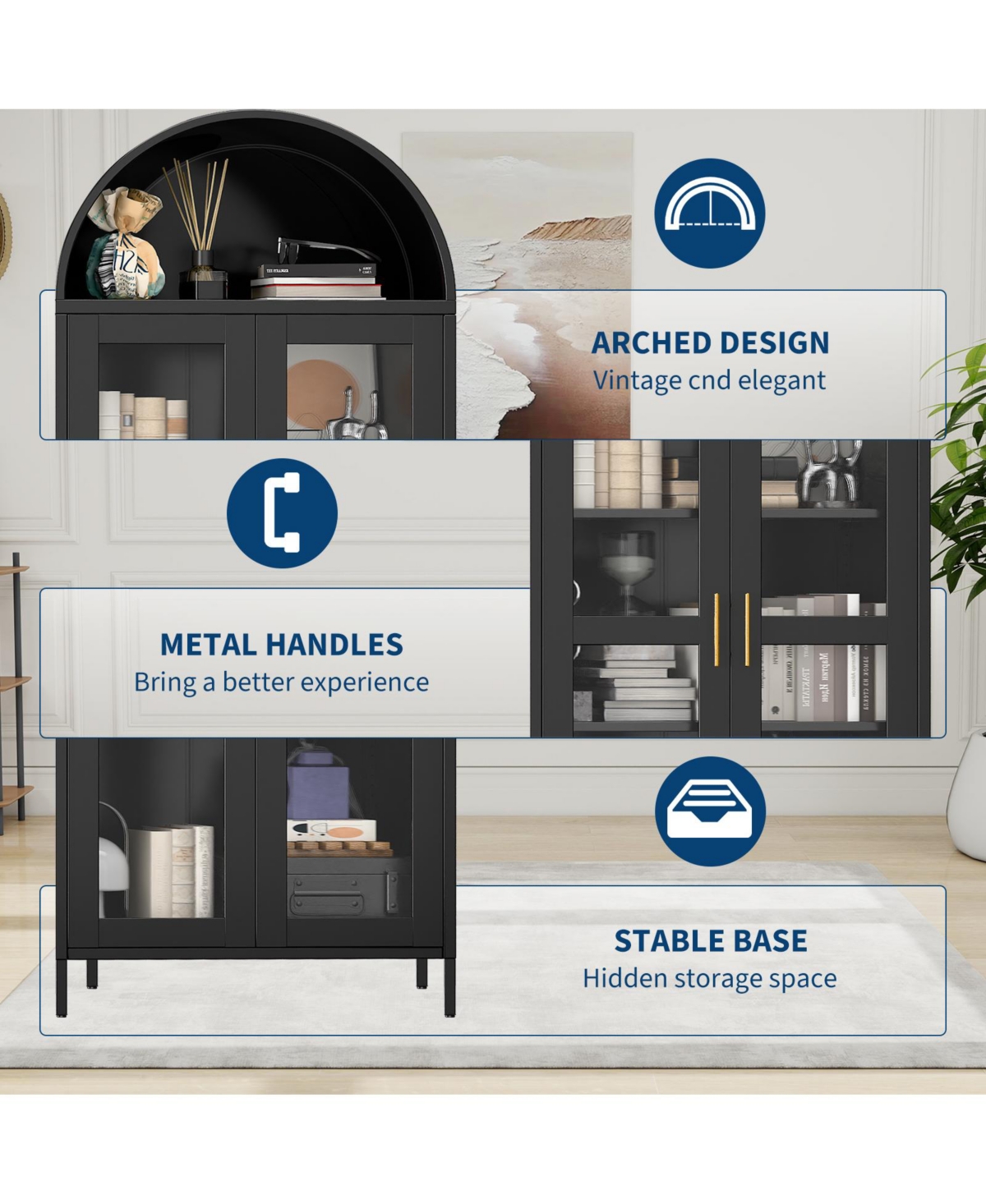 homfan 73" Arched Glass Door Storage Cabinet