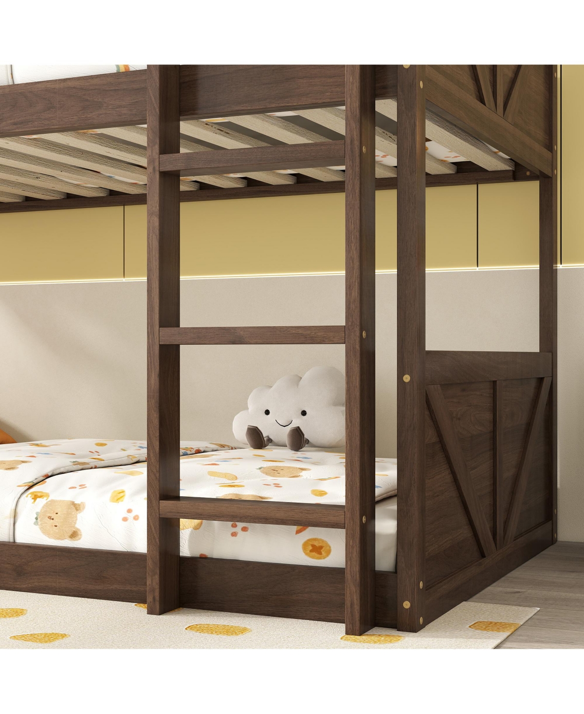 Sailvan Twin over Floor Bunk Bed with Panelled Headboard, Solid Rubber Wood Foundation