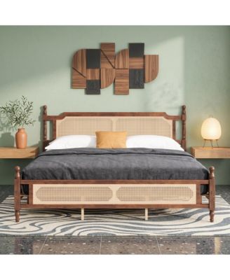Pine wooden Bed with Rattan Headboard and Footboard, Central Enhanced Bed Platform
