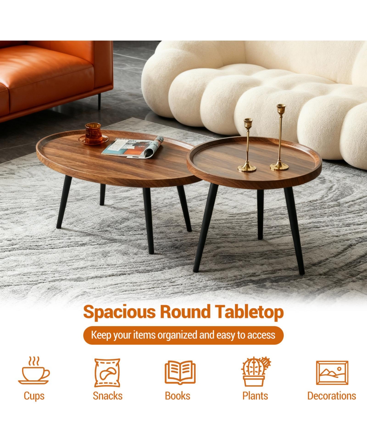 homfan Nesting Coffee Table Set of 2, End Table for Small Spaces Sofa Bedside Balcony, Mid Century Modern Nesting Side Tables for Living Room