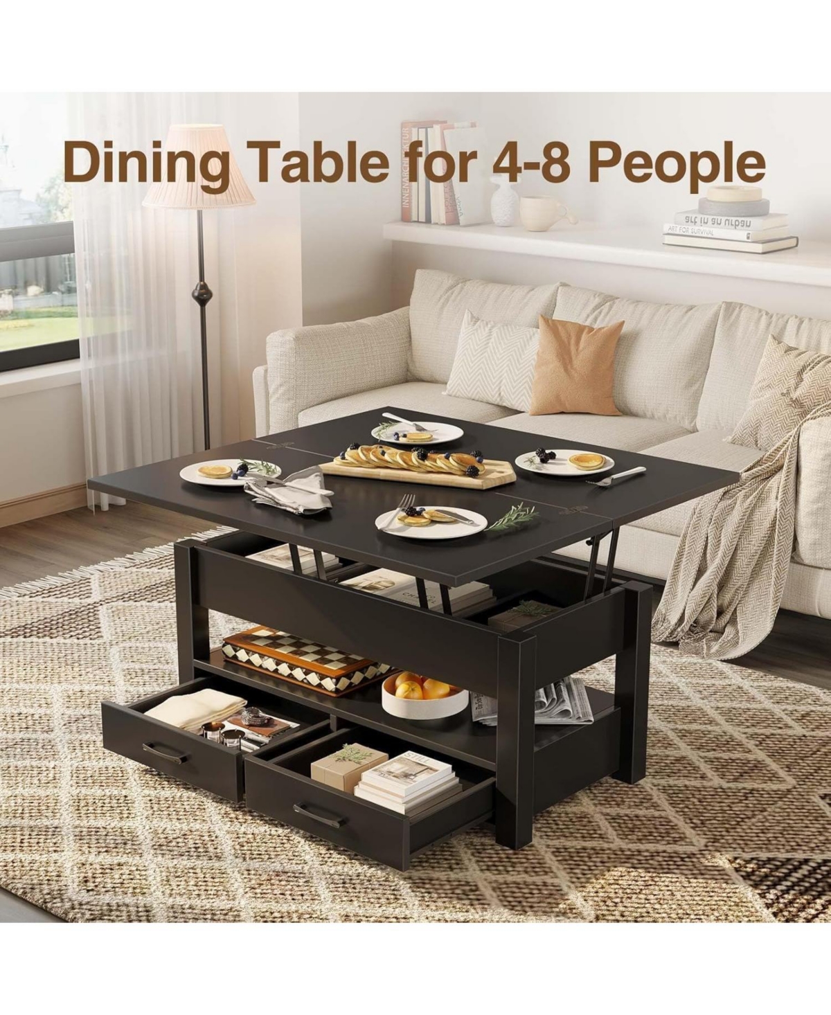 homfan Lift Top Coffee Table with Storage, Split Lift Design, 2 Drawers and Hidden Compartment, Center Table with Adjustable Height Wooden Tabletop