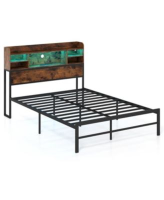 Full Size Bed Frame With LED Lights and Charging Station Industrial Metal Platform Bed
