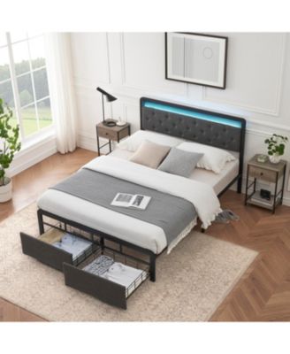 Modern Storage Bed Frame with LED Headboard Upholstered Platform, Button Tufted, 2 Drawers, Heavy Duty Metal Slats, Noise Free, Easy Assembly