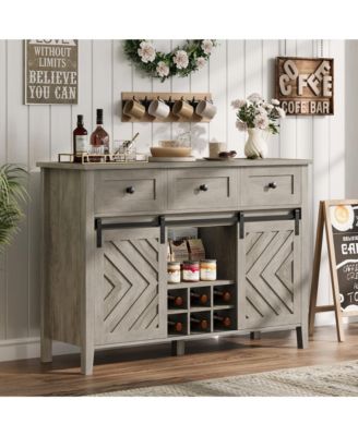 47.2" Vintage Sideboard Barn Door Buffet Cabinet with 3 Drawers, Wine Rack and Adjustable Shelf for Dining Room