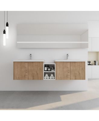 71 Inch Wall Mounted Double Bathroom Vanity with Resin Sinks, Plywood Cabinets and Open Storage for Modern Bathrooms