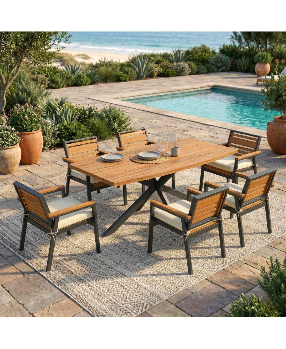 Asagikoiai 7-Piece Modern Acacia Wood Dining Set with Iron Frame and Cushions