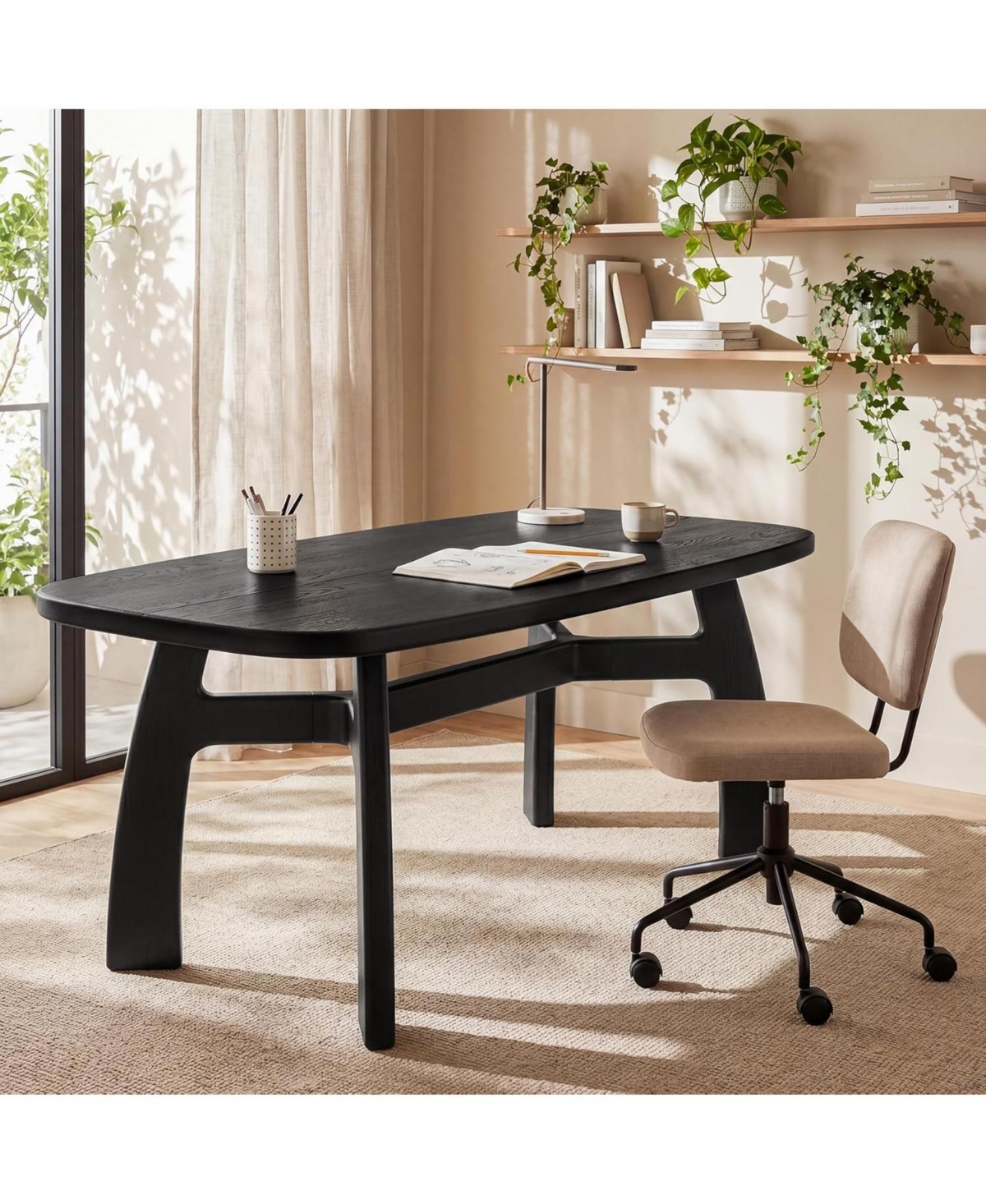 Tribesigns 63" Computer Desk: Solid wood with boat-shaped top and H-shaped legs. Modern executive table for home office. Ample legroom