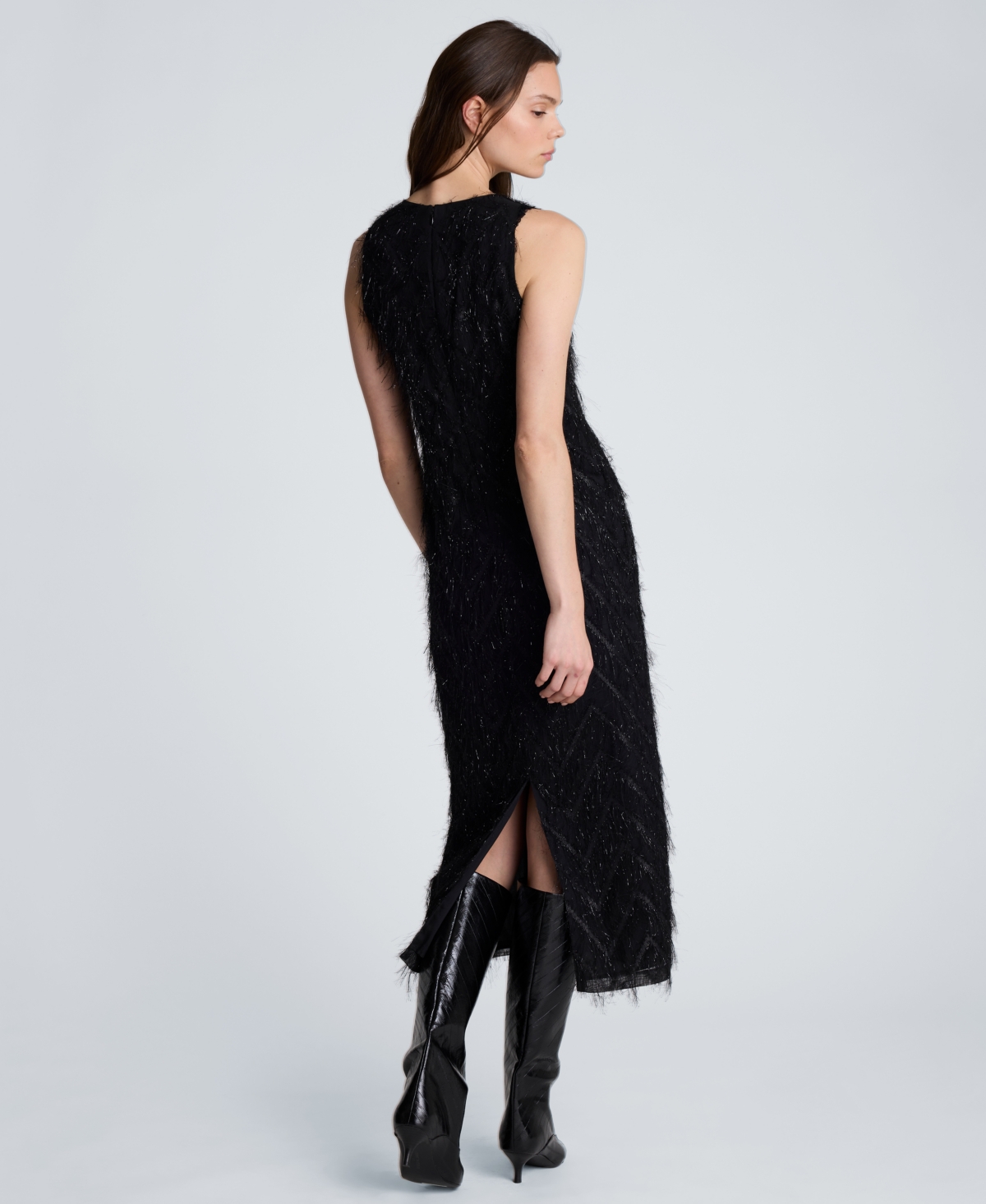 Kenneth Cole Women's Sleeveless Novelty Fringed Organza Midi Dress