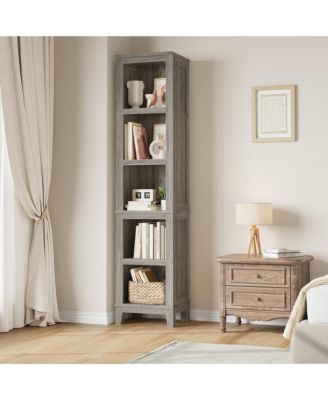 71" Farmhouse Bookshelf 5-Tier Tall Bookcase with Adjustable Shelves and Wooden Legs for Living Room