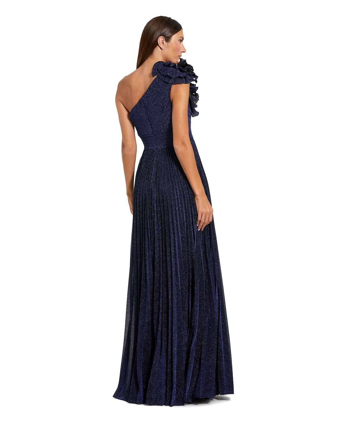 Mac Duggal Petite Pleated Metallic One Shoulder Gown With Ruffle view 3 — MAYCSS fashion products