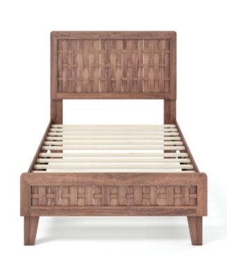 Platform Bed Frame Mid Century Style with Woven Accent Headboard