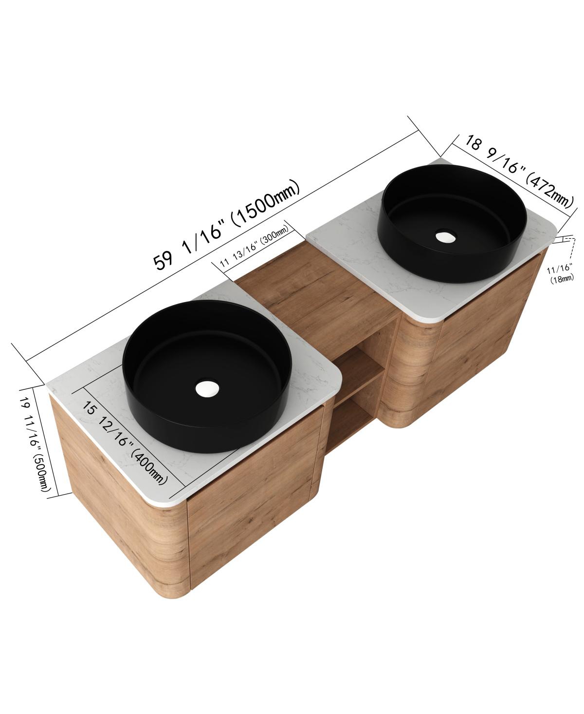 Sillysis Inch Wall Mounted Double Bathroom Vanity with Stone Countertop, Ceramic Vessel Sinks