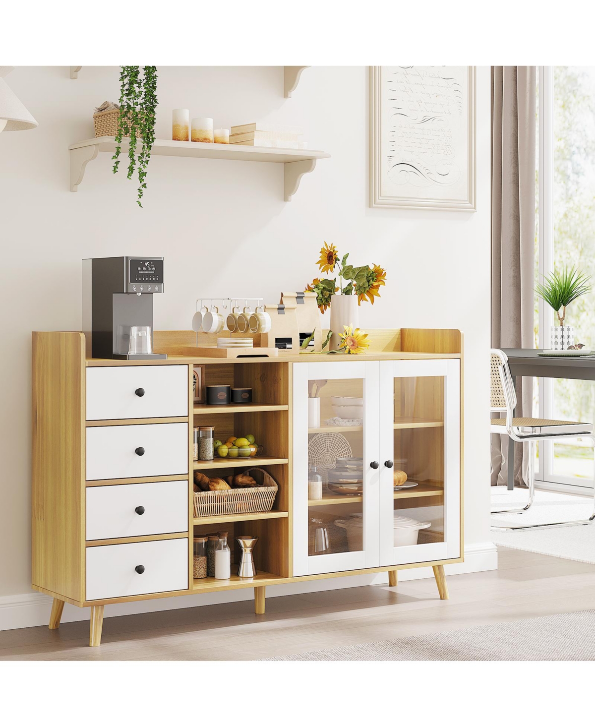 homfan 55" Farmhouse Coffee Bar with Storage and Adjustable Shelves, Buffet Sideboard Cabinet with Glass Doors and Open Shelves for Dining Room