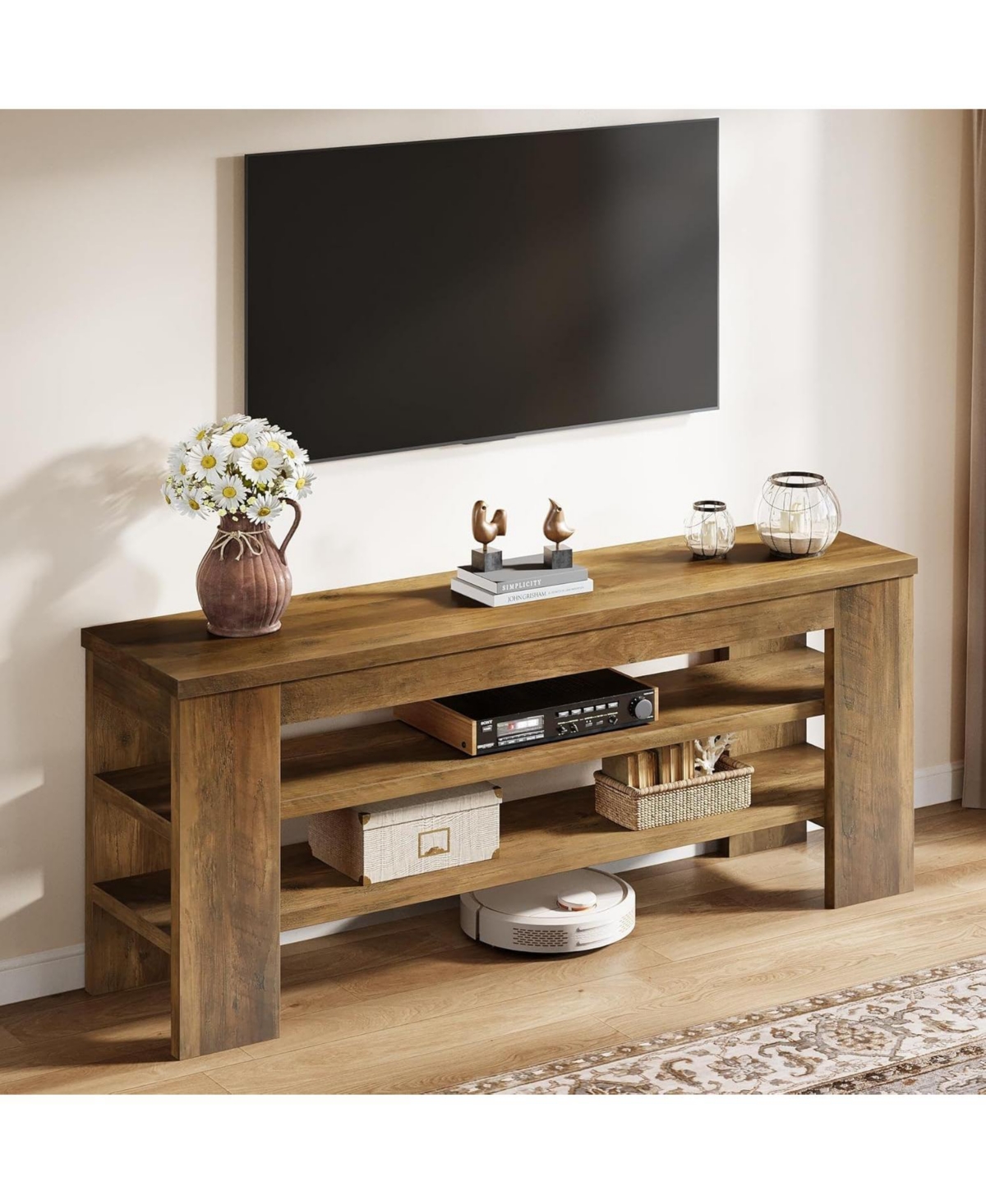 Tribesigns 47" Tv Stand for TVs up to 55 Inches, Farmhouse Entertainment Center with 3-Tier Open Storage Shelves, Media Console Cabinet